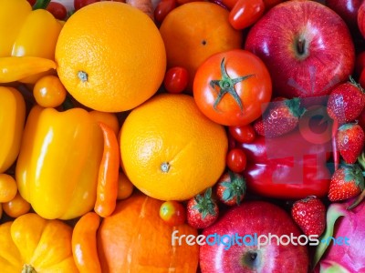 Colorful Fresh Fruits And Vegetables  Background, Healthy Eating… Stock Photo