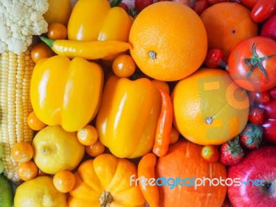 Colorful Fresh Fruits And Vegetables  Background, Healthy Eating… Stock Photo