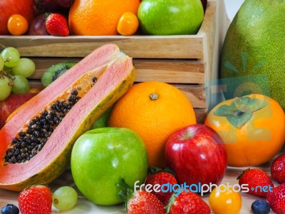 Colorful Fresh Fruits Background, Healthy Eating Concept Stock Photo