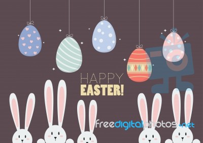 Colorful Hanging Easter Eggs With Bunnies Stock Image