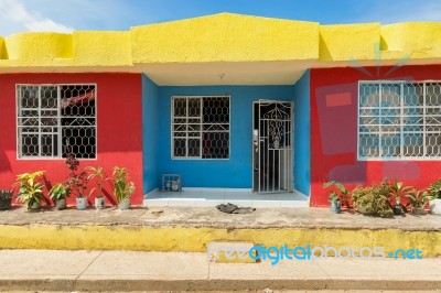 Colorful House Facade In Palenque, Colombia Stock Photo