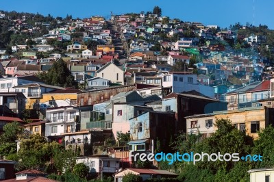 Colorful Houses On A Hill In Valparaiso, Chile Stock Photo