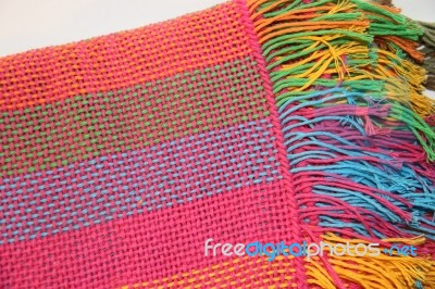 Colorful Knitted Garments And Blankets, Comb Loom, Yarns Stock Photo