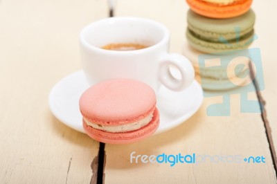 Colorful Macaroons With Espresso Coffee Stock Photo