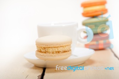 Colorful Macaroons With Espresso Coffee Stock Photo