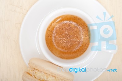 Colorful Macaroons With Espresso Coffee Stock Photo