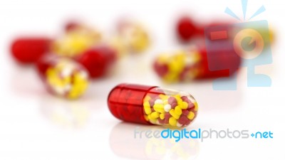 Colorful Of Oral Medications On White Background Stock Photo