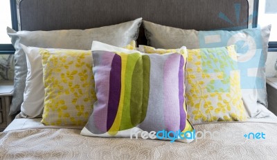 Colorful Pillow On Bed Stock Photo