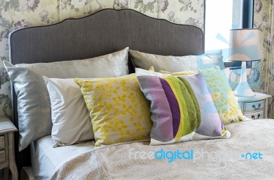 Colorful Pillow On Bed Stock Photo