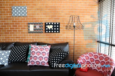 Colorful Pillows And Sofa Stock Photo