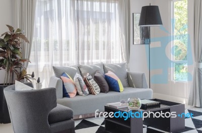 Colorful Pillows On Modern Grey Sofa In Living Room Stock Photo