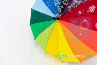 Colorful Umbrella In The Fresh Snow Stock Photo