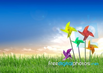 Colorful Windmill With Beautiful Views Stock Photo