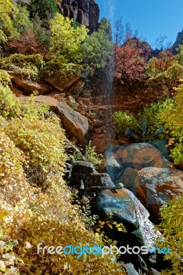 Colourful Autumn Foliage And Waterfall In Zion Stock Photo