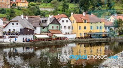 Colourful Buildings Along The Vlatava River In Krumlov Stock Photo