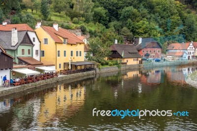 Colourful Buildings Along The Vlatava River In Krumlov Stock Photo