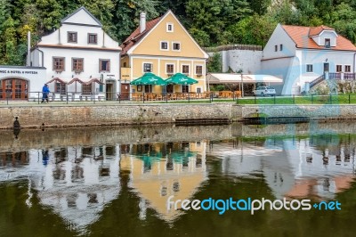 Colourful Buildings Along The Vlatava River In Krumlov Stock Photo