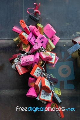 Colourful Padlocks Next To Romeo And Juliet's Balcony Verona Stock Photo