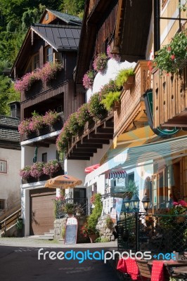 Colourful Pink Geraniums On A House In Hallstatt Stock Photo