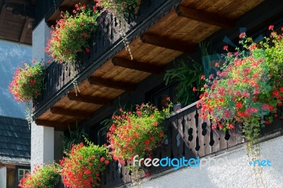 Colourful Red Geraniums On A House In Hallstatt Stock Photo