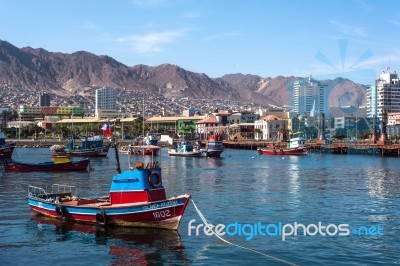 Colourful Wooden Fishing Boats In The Harbour At Antofagasta In Stock Photo