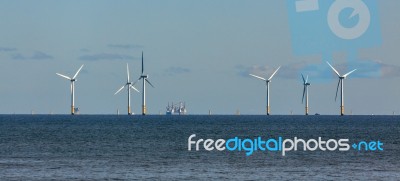 Colwyn Bay, Wales/uk - October 7 : Wind Turbines Off Shore At Co… Stock Photo