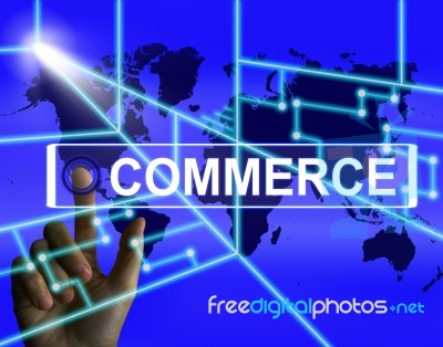 Commerce Screen Shows Worldwide Commercial And Financial Busines… Stock Image