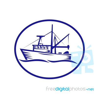 Commercial Fishing Boat Oval Woodcut Stock Image