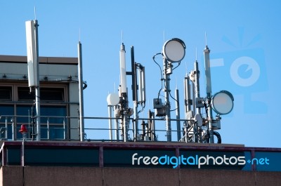 Communication Satellite Dishes And Aerials Stock Photo