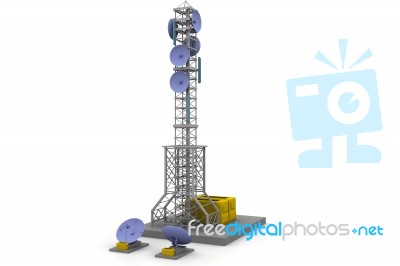 Communication Tower With Satellite Dishes And Aerials Stock Photo