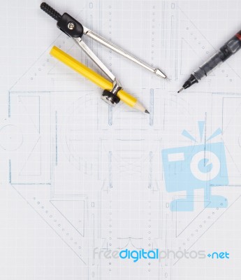 Compass And Writing Pen On Architect Plan Stock Photo