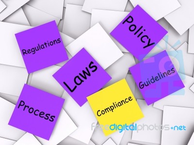 Compliance Post-it Note Means Adhering To Rules And Processes Stock Image