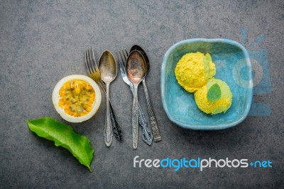 Composition Of Ice Cream Passion Fruit Flavor In Vintage Bowl Se… Stock Photo