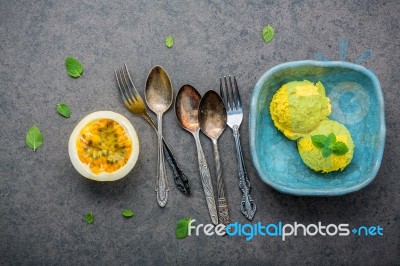 Composition Of Ice Cream Passion Fruit Flavor In Vintage Bowl Se… Stock Photo