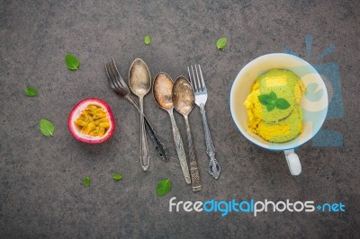 Composition Of Ice Cream Passion Fruit Flavor In Vintage Bowl Se… Stock Photo