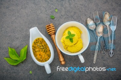 Composition Of Ice Cream Passion Fruit Flavor In Vintage Bowl Se… Stock Photo