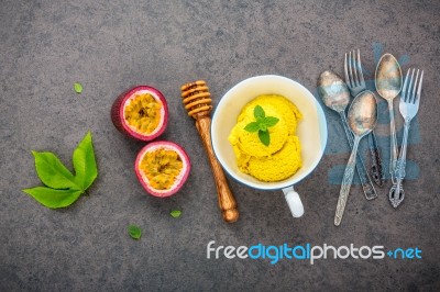 Composition Of Ice Cream Passion Fruit Flavor In Vintage Bowl Se… Stock Photo