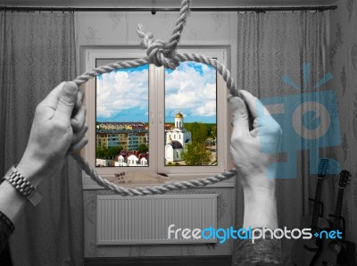 Composition With Male Hands Holding Rope Loop Stock Photo