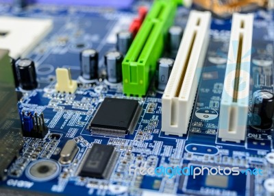 Computer Motherboard With Electronic Component Detail Background… Stock Photo