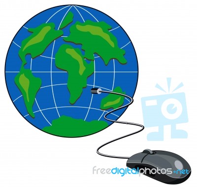 Computer Mouse Connected Globe Retro Stock Image