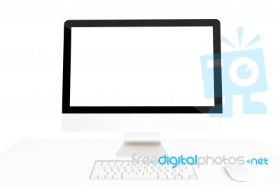 Computer On Table Isolated Clipping Path Inside On White Backgro… Stock Photo