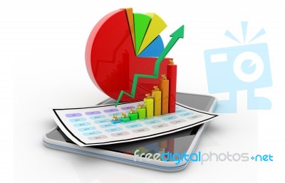 Computer Tablet Showing A Spreadsheet With Graphic Chart And Pie… Stock Image