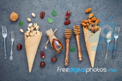 Concept For Homemade Various Nuts Ice Cream. Mixed Nuts In Waffl… Stock Photo