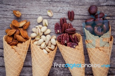 Concept For Homemade Various Nuts Ice Cream. Mixed Nuts In Waffl… Stock Photo