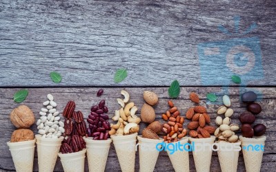 Concept For Homemade Various Nuts Ice Cream. Mixed Nuts In Waffl… Stock Photo