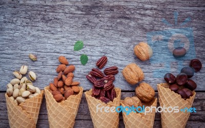 Concept For Homemade Various Nuts Ice Cream. Mixed Nuts In Waffl… Stock Photo