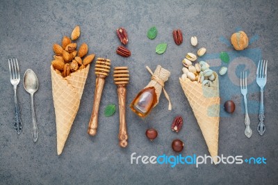 Concept For Homemade Various Nuts Ice Cream. Mixed Nuts In Waffl… Stock Photo