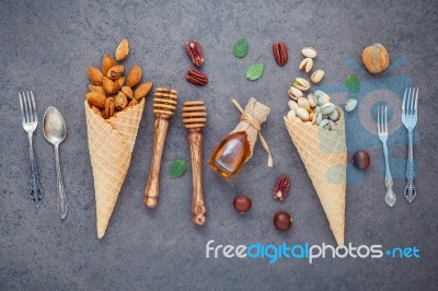 Concept For Homemade Various Nuts Ice Cream. Mixed Nuts In Waffl… Stock Photo