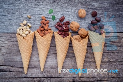 Concept For Homemade Various Nuts Ice Cream. Mixed Nuts In Waffl… Stock Photo