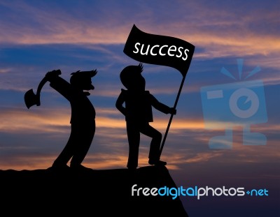 Concept Skyline,cartoon Man Hold Axe And Man Hold Flag Success Stock Image